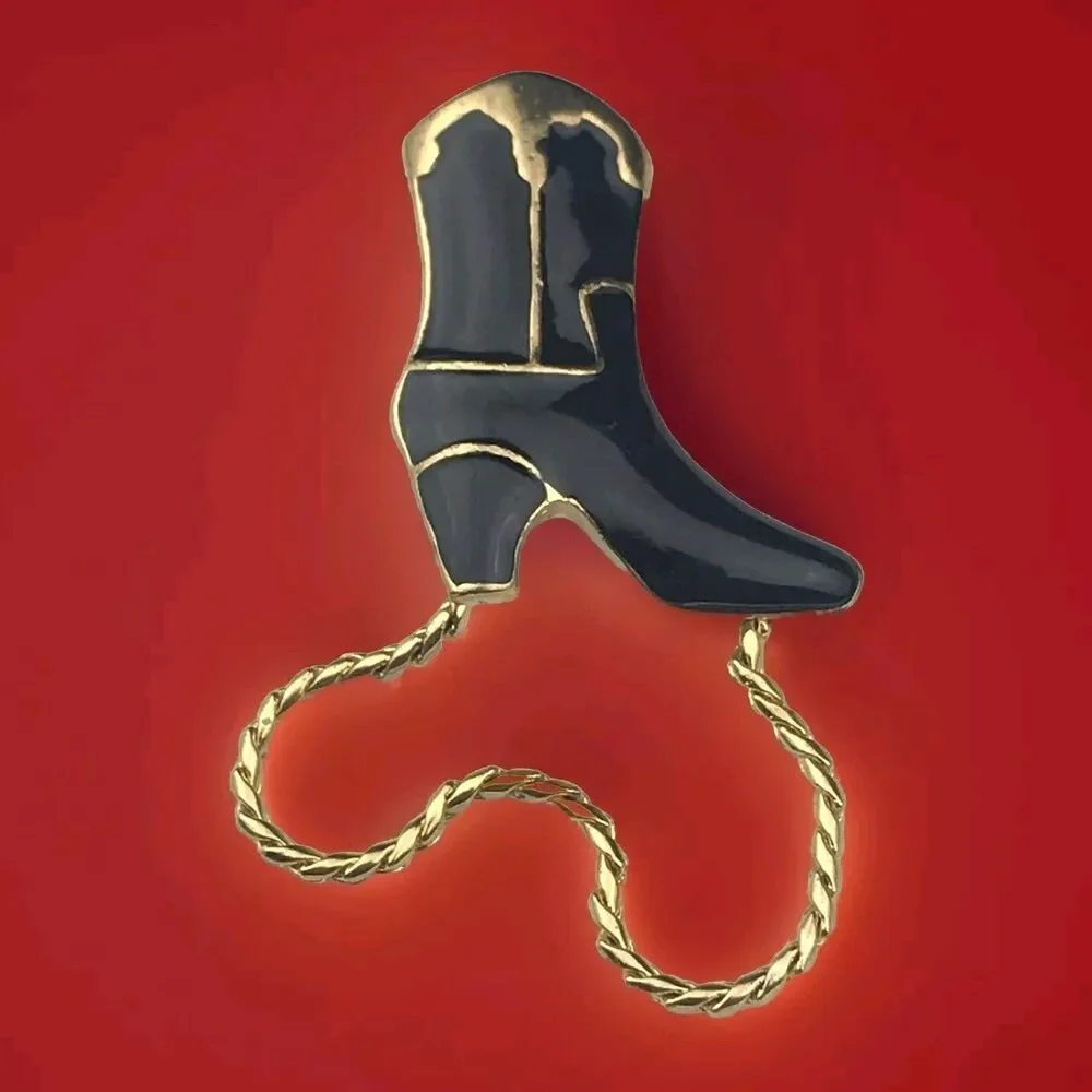 Cowboy Boot Southwestern Pin Brooch Vintage Gold Tone Black Enamel Metal Rope